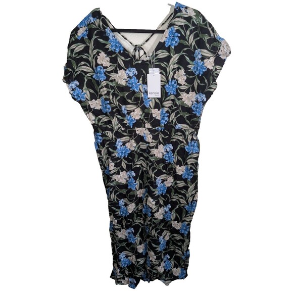 Kensie Jeans Tie Back Linen Blend Jumpsuit In Hibiscus Sky Combo Large - Picture 2 of 15